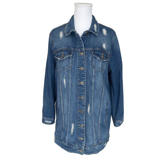 Torrid Jackets & Blazers - Distressed Longline Denim Jacket – Medium Wash, Oversized Fit